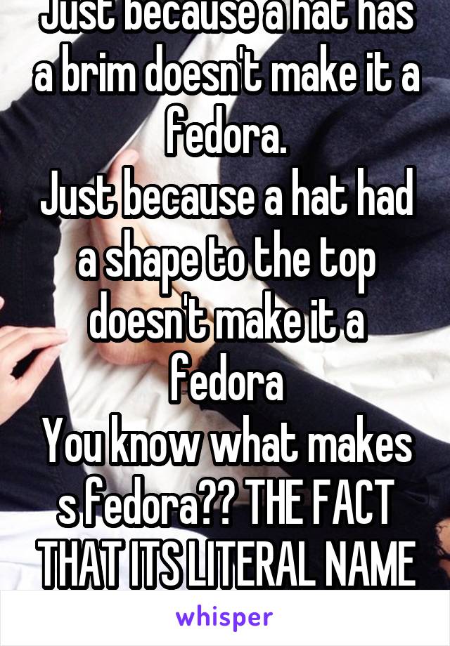 Just because a hat has a brim doesn't make it a fedora.
Just because a hat had a shape to the top doesn't make it a fedora
You know what makes s fedora?? THE FACT THAT ITS LITERAL NAME IS "FEDORA"
