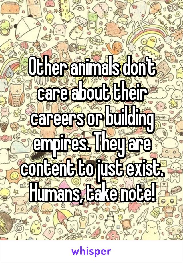 Other animals don't care about their careers or building empires. They are content to just exist. Humans, take note!