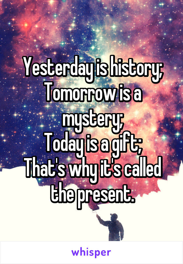 Yesterday is history;
Tomorrow is a mystery;
Today is a gift;
That's why it's called the present.