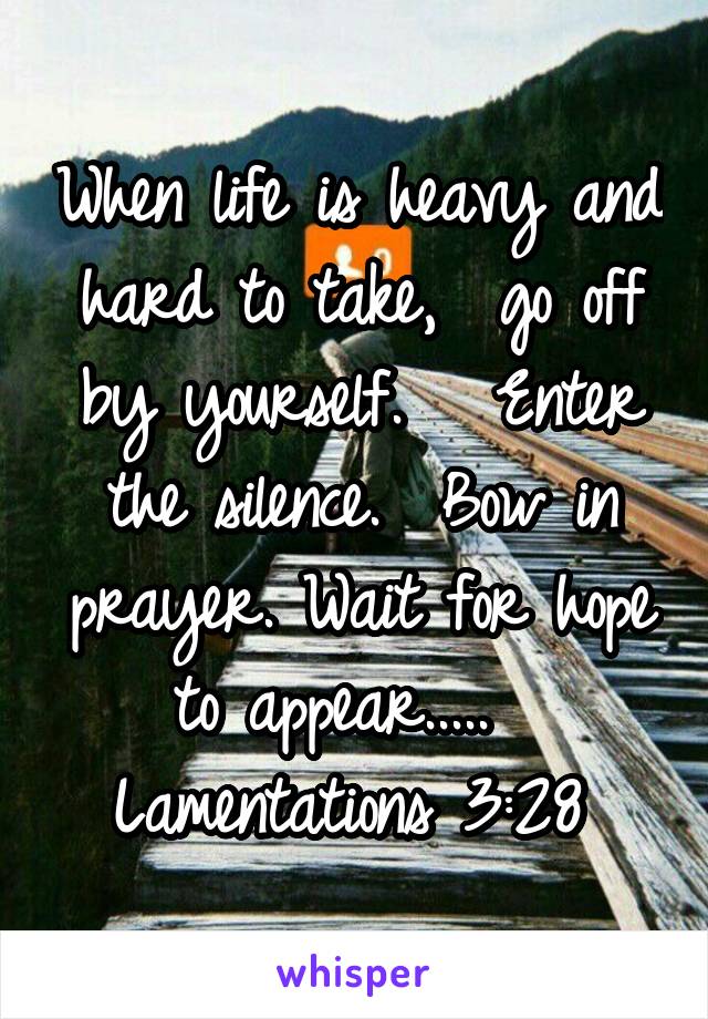 When life is heavy and hard to take,  go off by yourself.   Enter the silence.  Bow in prayer. Wait for hope to appear.....   Lamentations 3:28 