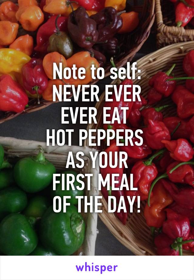 Note to self:
NEVER EVER
EVER EAT 
HOT PEPPERS 
AS YOUR
FIRST MEAL 
OF THE DAY!