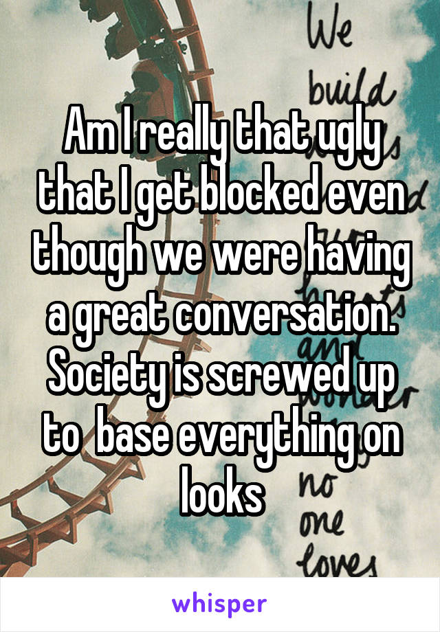 Am I really that ugly that I get blocked even though we were having a great conversation. Society is screwed up to  base everything on looks