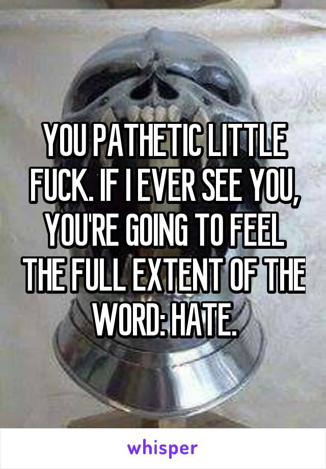 YOU PATHETIC LITTLE FUCK. IF I EVER SEE YOU, YOU'RE GOING TO FEEL THE FULL EXTENT OF THE WORD: HATE.