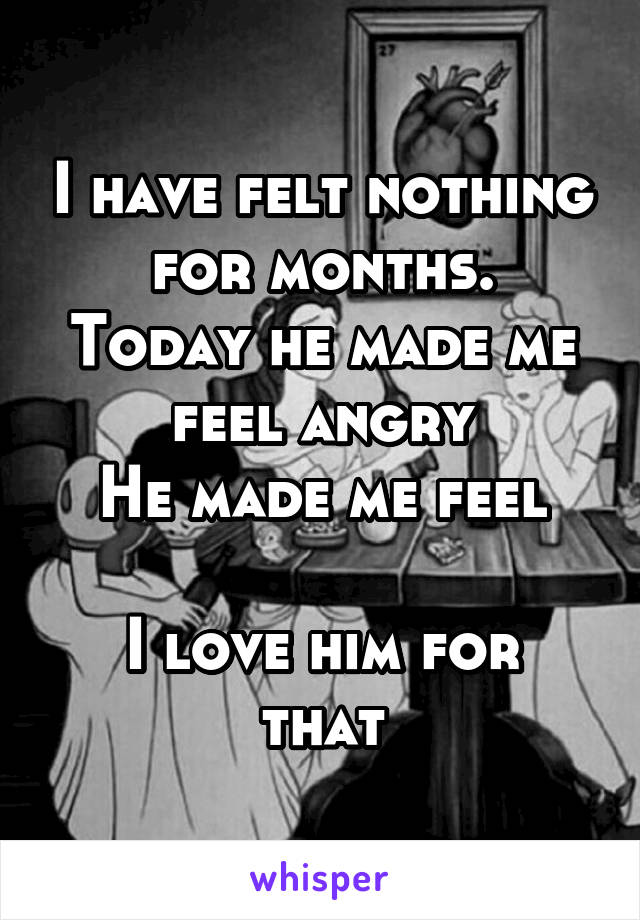 I have felt nothing for months.
Today he made me feel angry
He made me feel

I love him for that