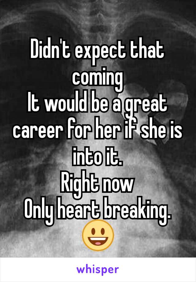 Didn't expect that coming
It would be a great career for her if she is into it.
Right now
Only heart breaking.
😃