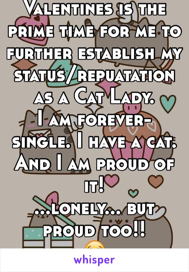 Valentines is the prime time for me to further establish my status/repuatation as a Cat Lady.
I am forever- single. I have a cat. And I am proud of it!
...lonely... but proud too!!
😭