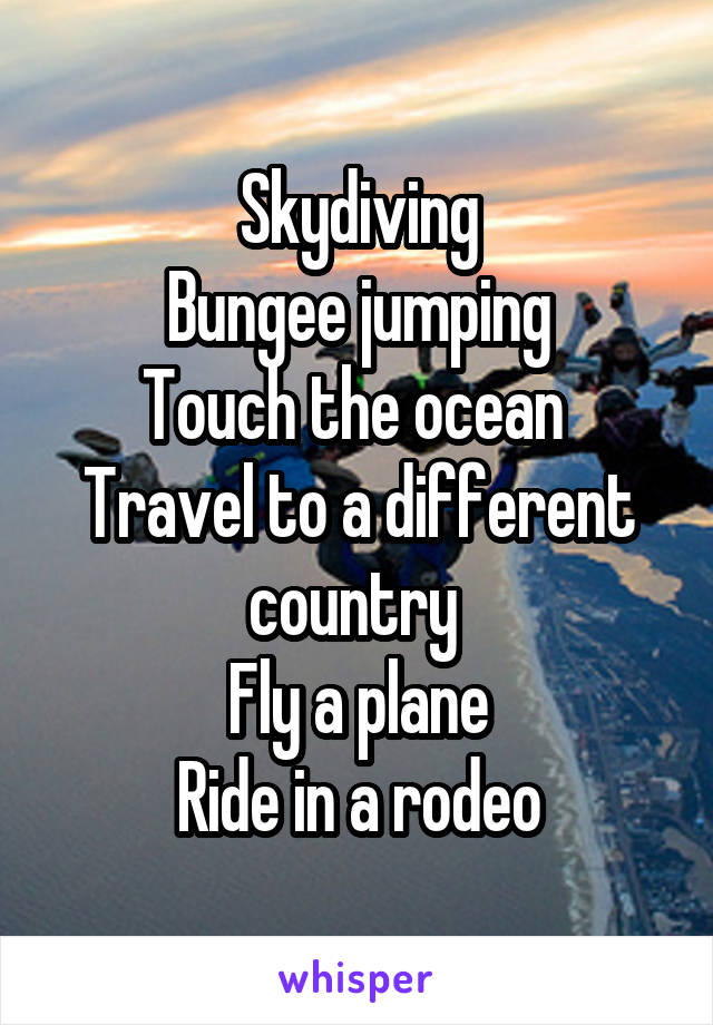 Skydiving
Bungee jumping
Touch the ocean 
Travel to a different country 
Fly a plane
Ride in a rodeo