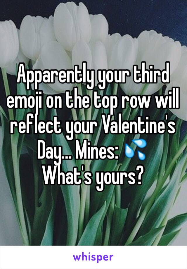 Apparently your third emoji on the top row will reflect your Valentine's Day... Mines: 💦
What's yours?