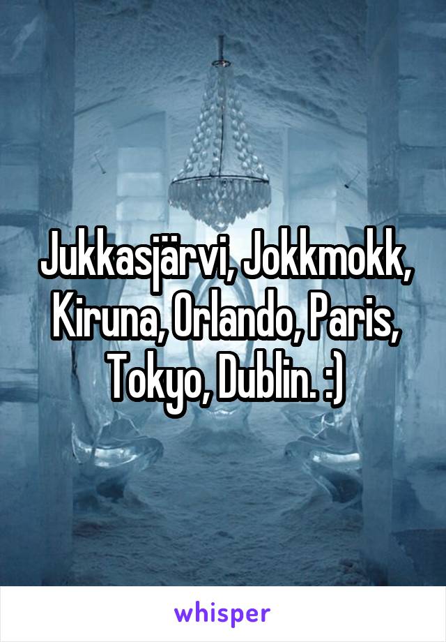 Jukkasjärvi, Jokkmokk, Kiruna, Orlando, Paris, Tokyo, Dublin. :)