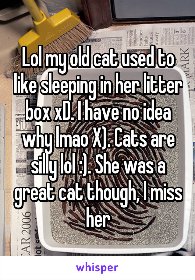 Lol my old cat used to like sleeping in her litter box xD. I have no idea why lmao X). Cats are silly lol :). She was a great cat though, I miss her