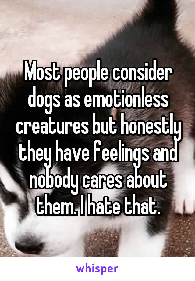 Most people consider dogs as emotionless creatures but honestly they have feelings and nobody cares about them. I hate that.