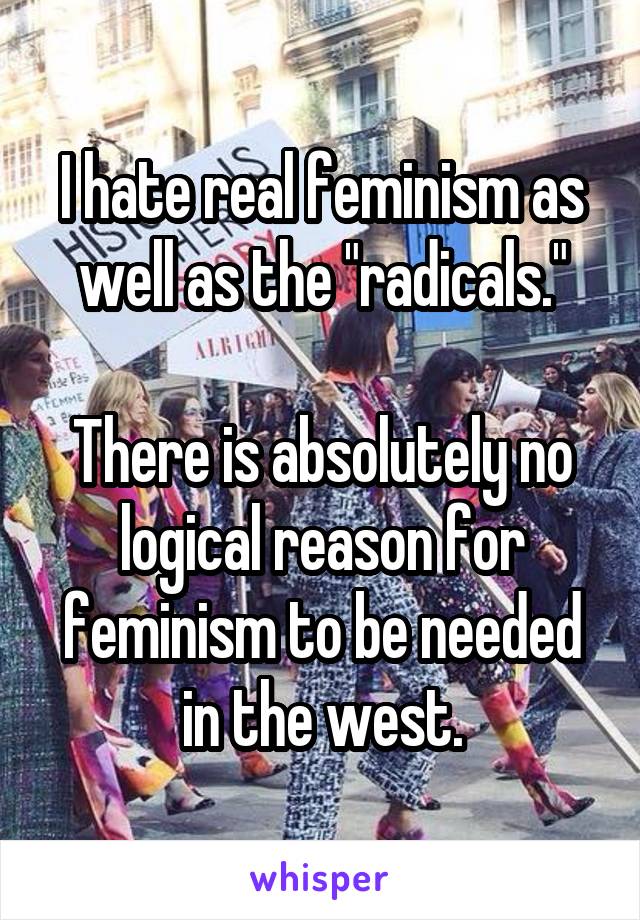 I hate real feminism as well as the "radicals."

There is absolutely no logical reason for feminism to be needed in the west.