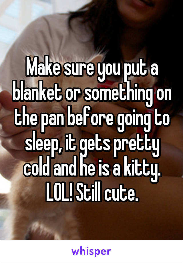 Make sure you put a blanket or something on the pan before going to sleep, it gets pretty cold and he is a kitty. LOL! Still cute.