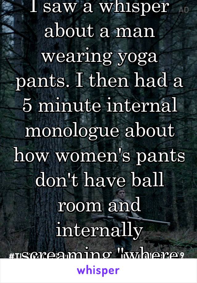 I saw a whisper about a man wearing yoga pants. I then had a 5 minute internal monologue about how women's pants don't have ball room and internally screaming "where do your balls go!"