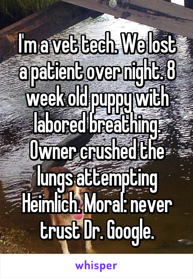 I'm a vet tech. We lost a patient over night. 8 week old puppy with labored breathing. Owner crushed the lungs attempting Heimlich. Moral: never trust Dr. Google.