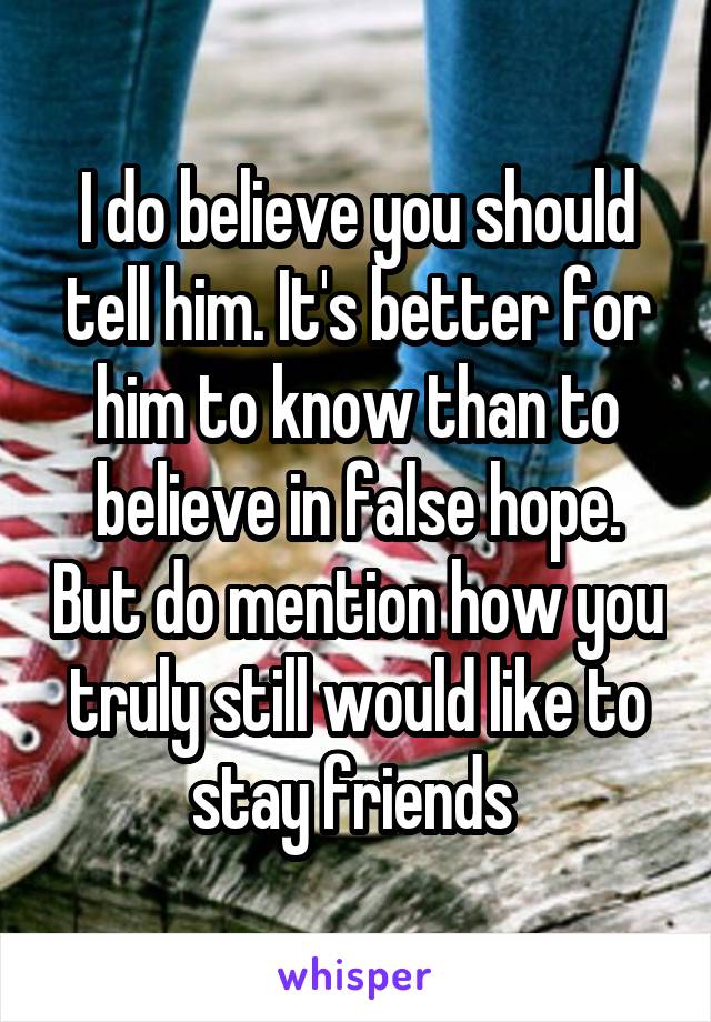 I do believe you should tell him. It's better for him to know than to believe in false hope. But do mention how you truly still would like to stay friends 