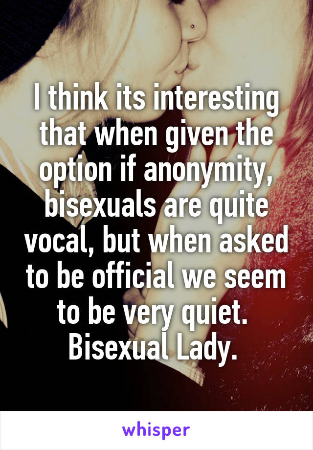 I think its interesting that when given the option if anonymity, bisexuals are quite vocal, but when asked to be official we seem to be very quiet. 
Bisexual Lady. 