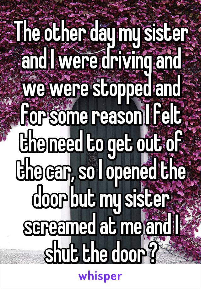 The other day my sister and I were driving and we were stopped and for some reason I felt the need to get out of the car, so I opened the door but my sister screamed at me and I shut the door 😂