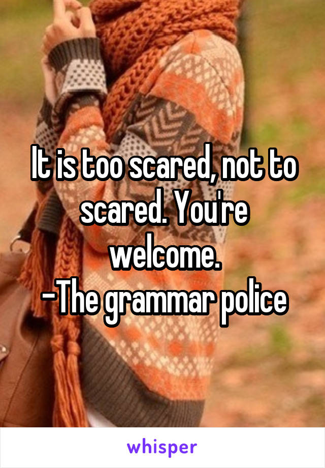 It is too scared, not to scared. You're welcome.
-The grammar police