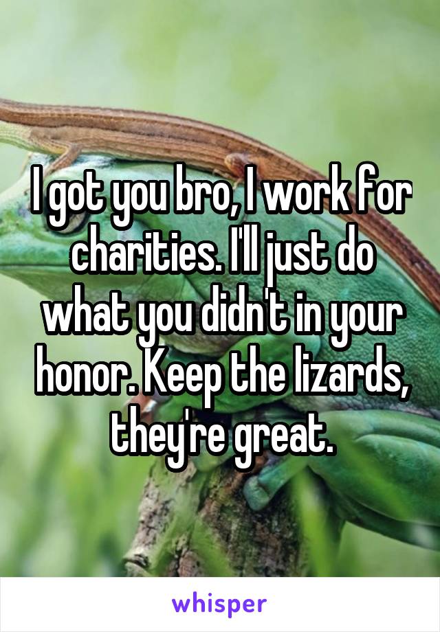 I got you bro, I work for charities. I'll just do what you didn't in your honor. Keep the lizards, they're great.