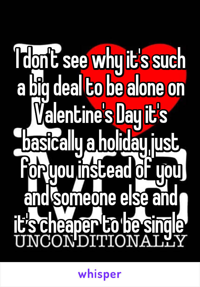 I don't see why it's such a big deal to be alone on Valentine's Day it's basically a holiday just for you instead of you and someone else and it's cheaper to be single 