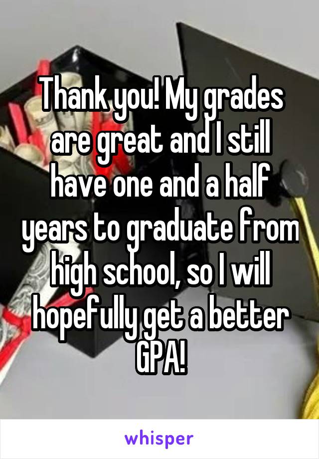 Thank you! My grades are great and I still have one and a half years to graduate from high school, so I will hopefully get a better GPA!