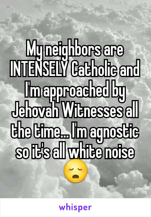 My neighbors are INTENSELY Catholic and I'm approached by Jehovah Witnesses all the time... I'm agnostic so it's all white noise 😳
