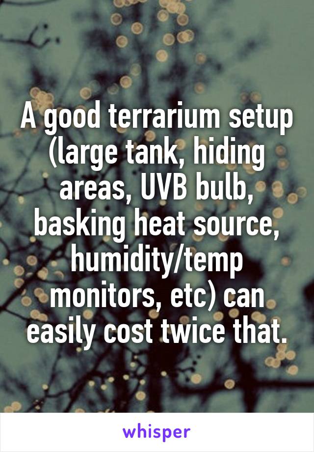 A good terrarium setup (large tank, hiding areas, UVB bulb, basking heat source, humidity/temp monitors, etc) can easily cost twice that.