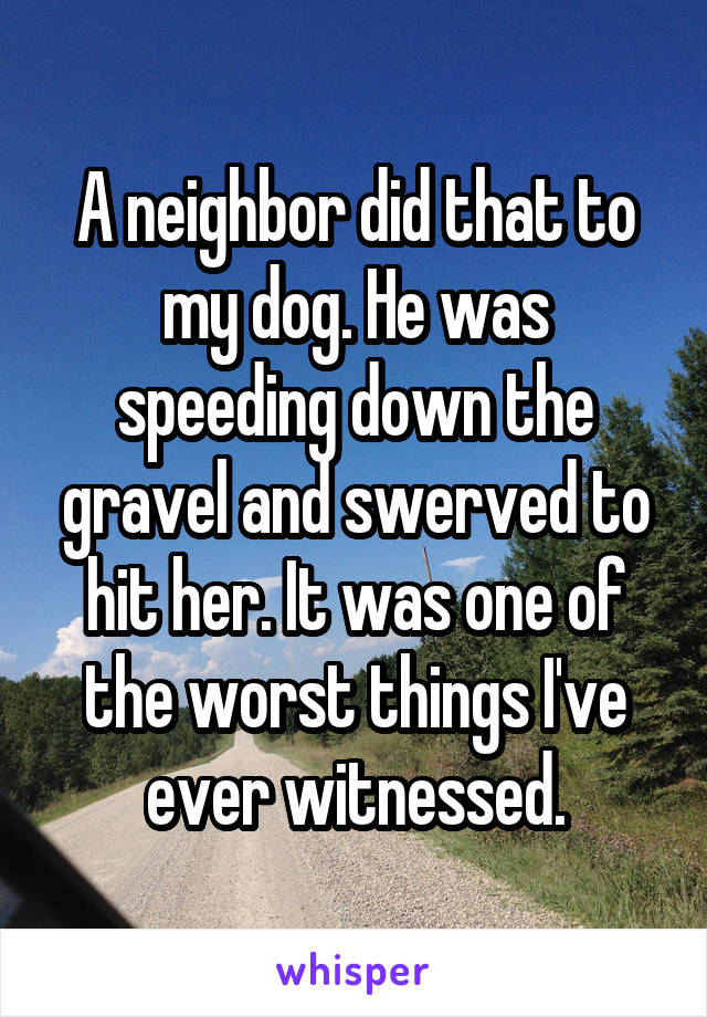 A neighbor did that to my dog. He was speeding down the gravel and swerved to hit her. It was one of the worst things I've ever witnessed.