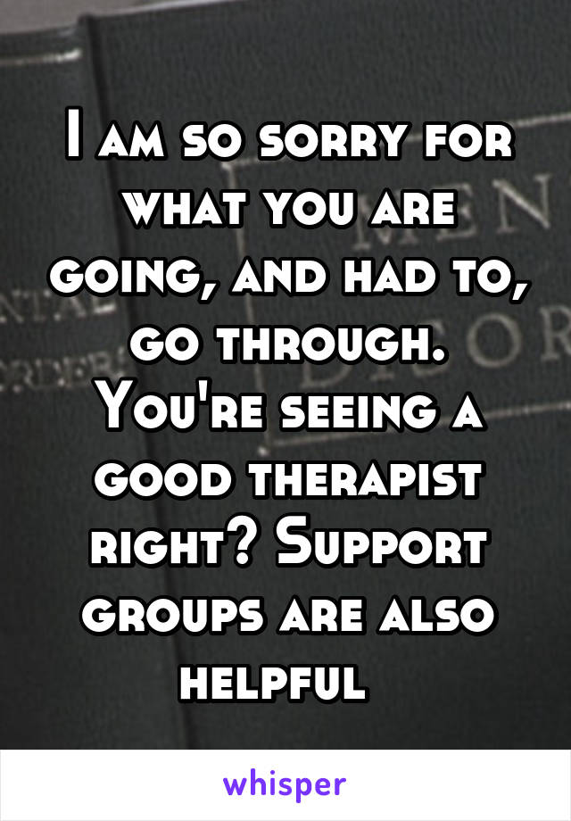 I am so sorry for what you are going, and had to, go through. You're seeing a good therapist right? Support groups are also helpful  