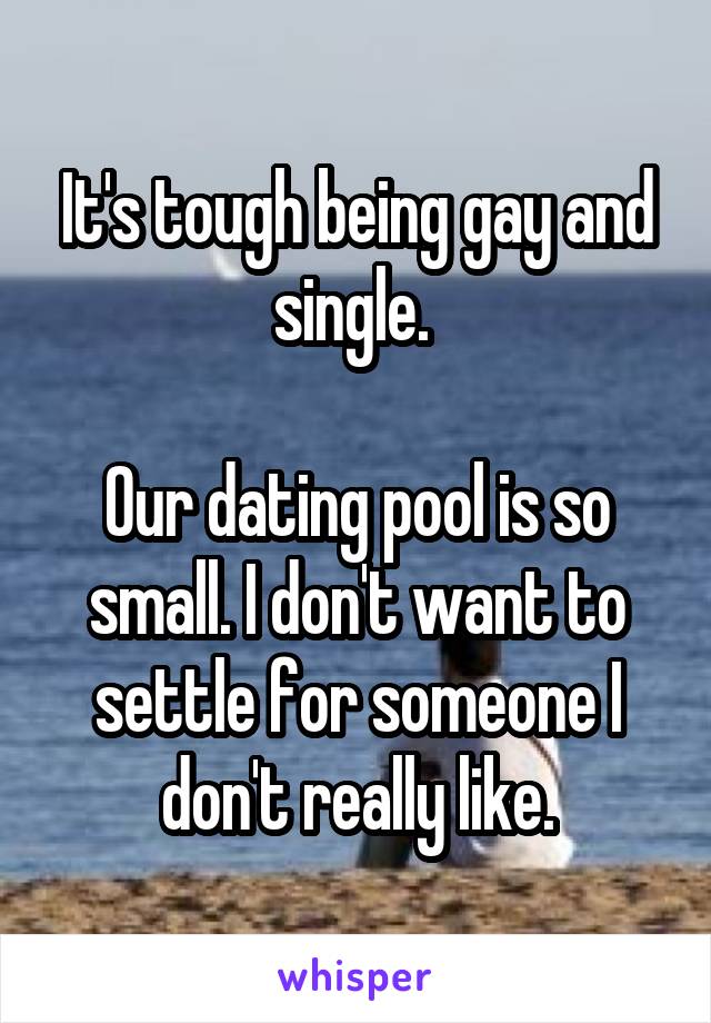 It's tough being gay and single. 

Our dating pool is so small. I don't want to settle for someone I don't really like.