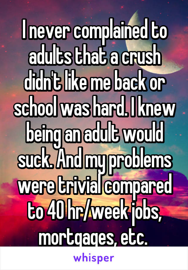 I never complained to adults that a crush didn't like me back or school was hard. I knew being an adult would suck. And my problems were trivial compared to 40 hr/week jobs, mortgages, etc. 