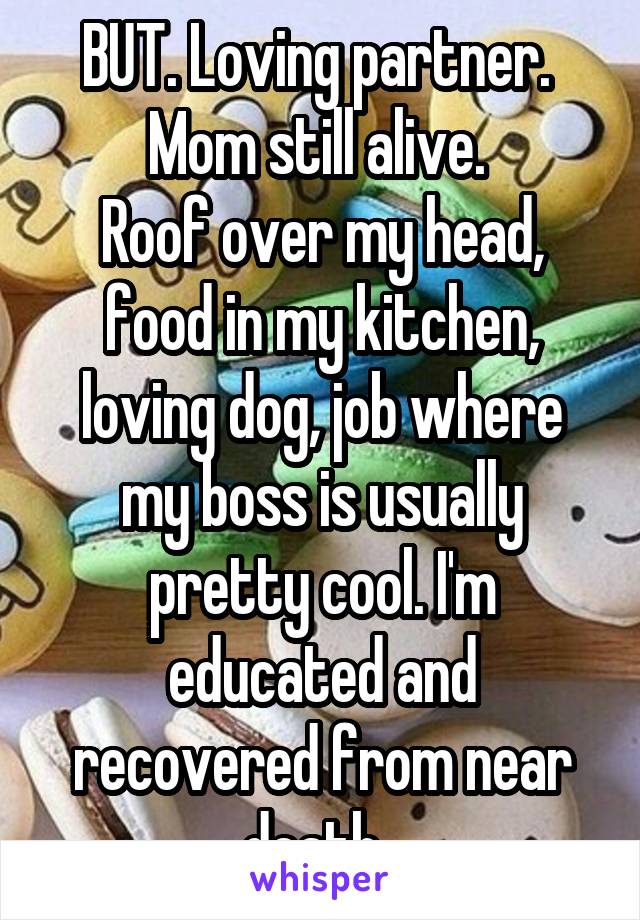 BUT. Loving partner. 
Mom still alive. 
Roof over my head, food in my kitchen, loving dog, job where my boss is usually pretty cool. I'm educated and recovered from near death. 
