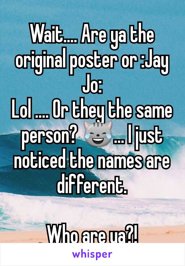 Wait.... Are ya the original poster or :Jay Jo:
Lol .... Or they the same person? 😹... I just noticed the names are different.

Who are ya?!