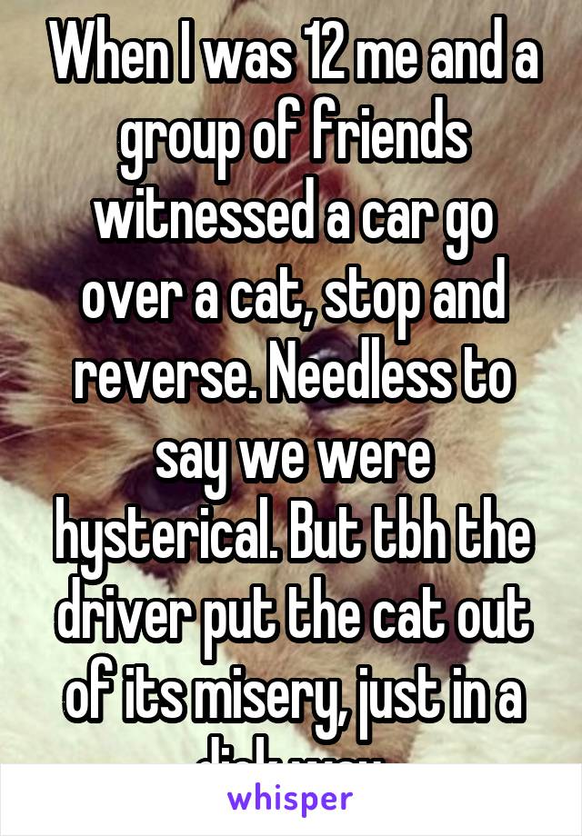 When I was 12 me and a group of friends witnessed a car go over a cat, stop and reverse. Needless to say we were hysterical. But tbh the driver put the cat out of its misery, just in a dick way.