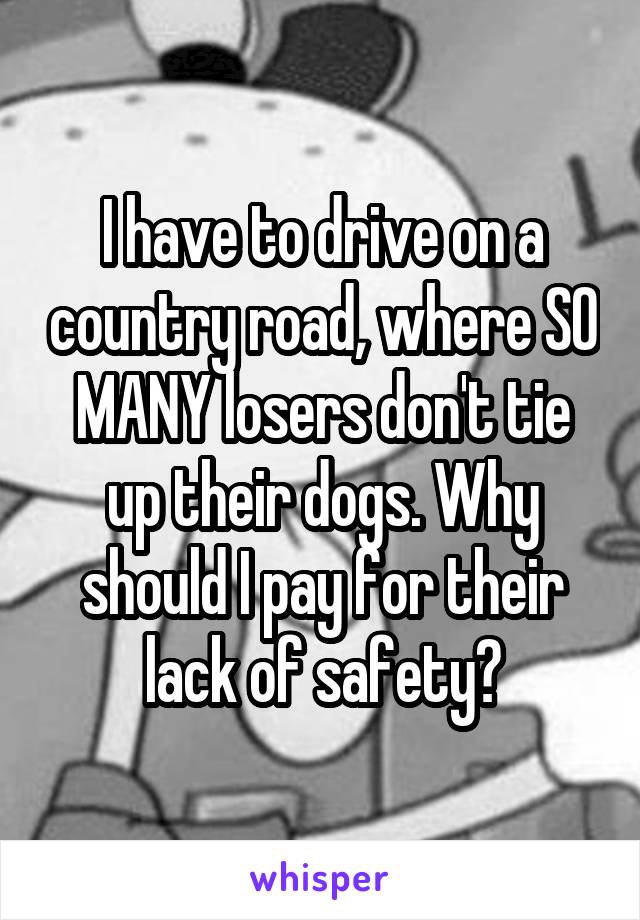 I have to drive on a country road, where SO MANY losers don't tie up their dogs. Why should I pay for their lack of safety?