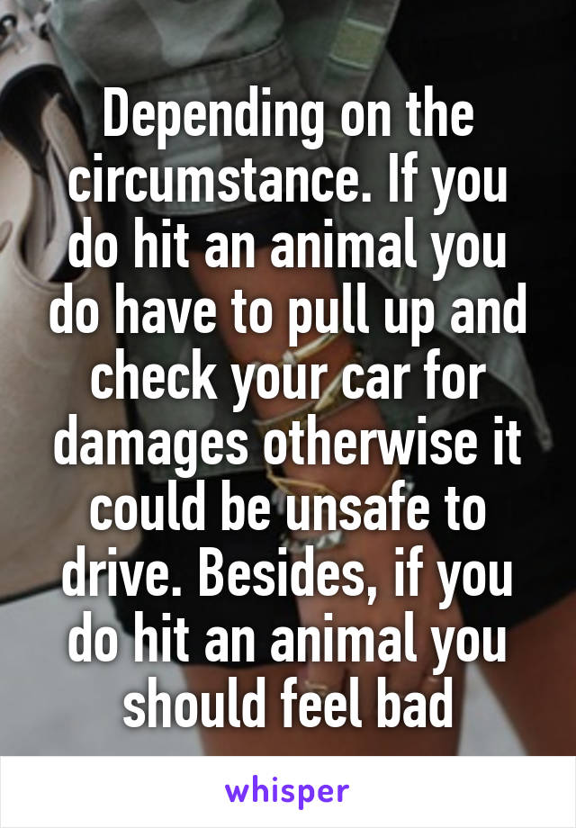 Depending on the circumstance. If you do hit an animal you do have to pull up and check your car for damages otherwise it could be unsafe to drive. Besides, if you do hit an animal you
should feel bad