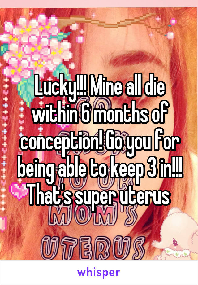 Lucky!!! Mine all die within 6 months of conception! Go you for being able to keep 3 in!!! That's super uterus 