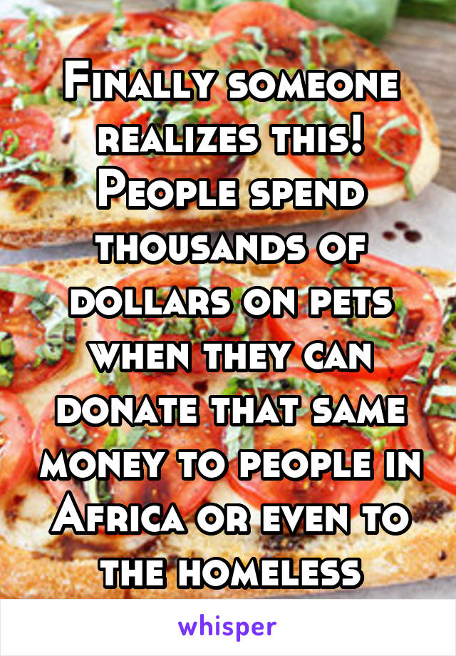 Finally someone realizes this! People spend thousands of dollars on pets when they can donate that same money to people in Africa or even to the homeless