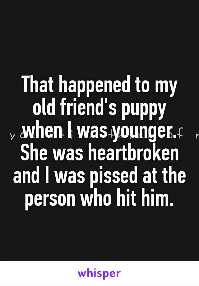 That happened to my old friend's puppy when I was younger. She was heartbroken and I was pissed at the person who hit him.