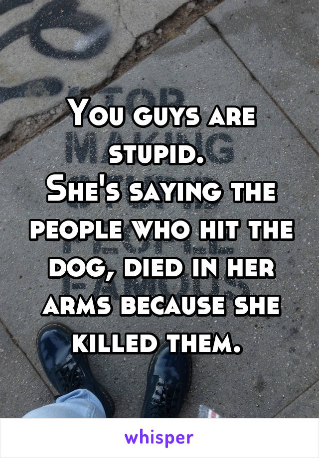 You guys are stupid. 
She's saying the people who hit the dog, died in her arms because she killed them. 