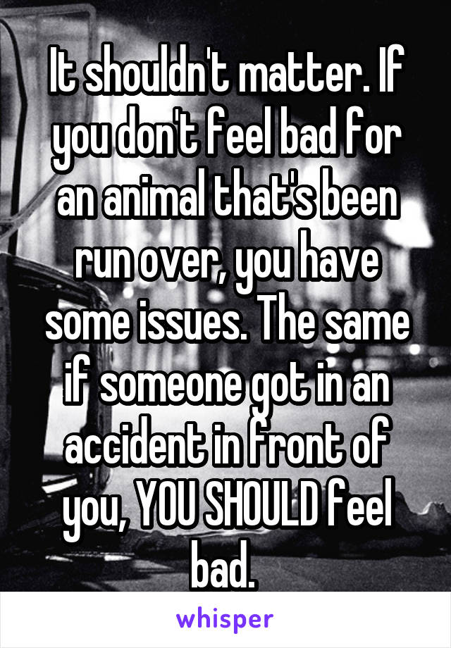 It shouldn't matter. If you don't feel bad for an animal that's been run over, you have some issues. The same if someone got in an accident in front of you, YOU SHOULD feel bad. 