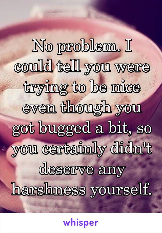 No problem. I could tell you were trying to be nice even though you got bugged a bit, so you certainly didn't deserve any harshness yourself.