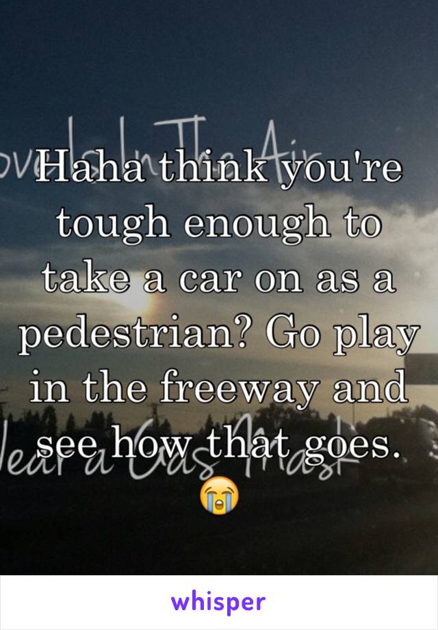 Haha think you're tough enough to take a car on as a pedestrian? Go play in the freeway and see how that goes. 😭