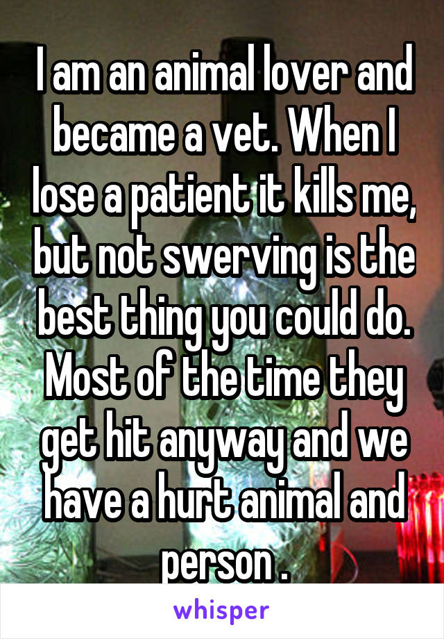 I am an animal lover and became a vet. When I lose a patient it kills me, but not swerving is the best thing you could do. Most of the time they get hit anyway and we have a hurt animal and person .