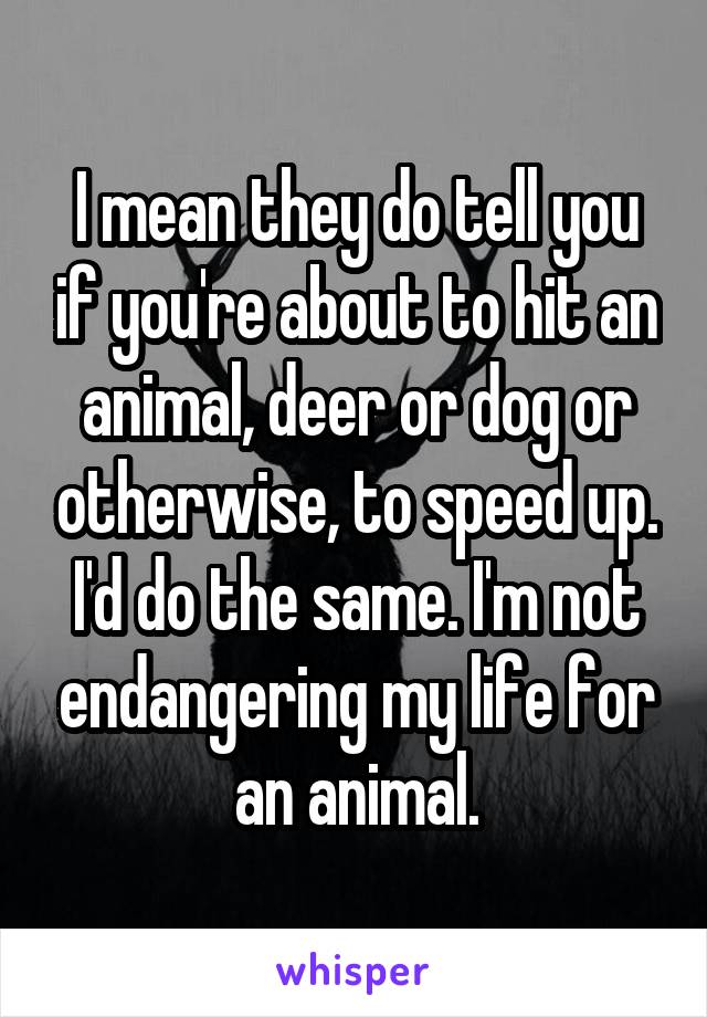 I mean they do tell you if you're about to hit an animal, deer or dog or otherwise, to speed up. I'd do the same. I'm not endangering my life for an animal.