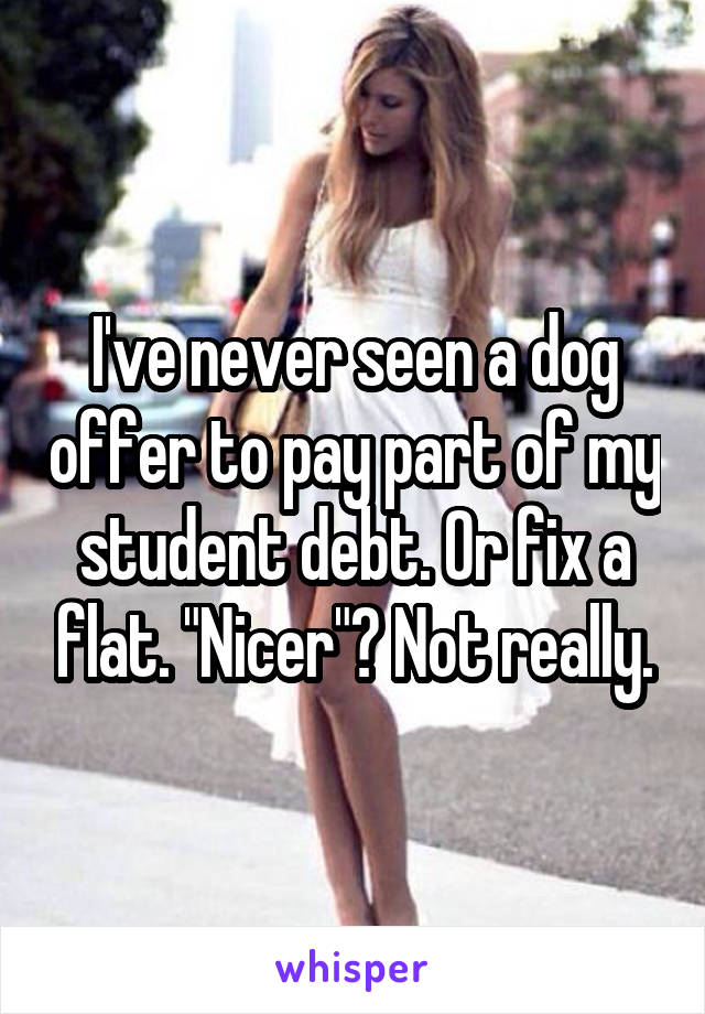 I've never seen a dog offer to pay part of my student debt. Or fix a flat. "Nicer"? Not really.