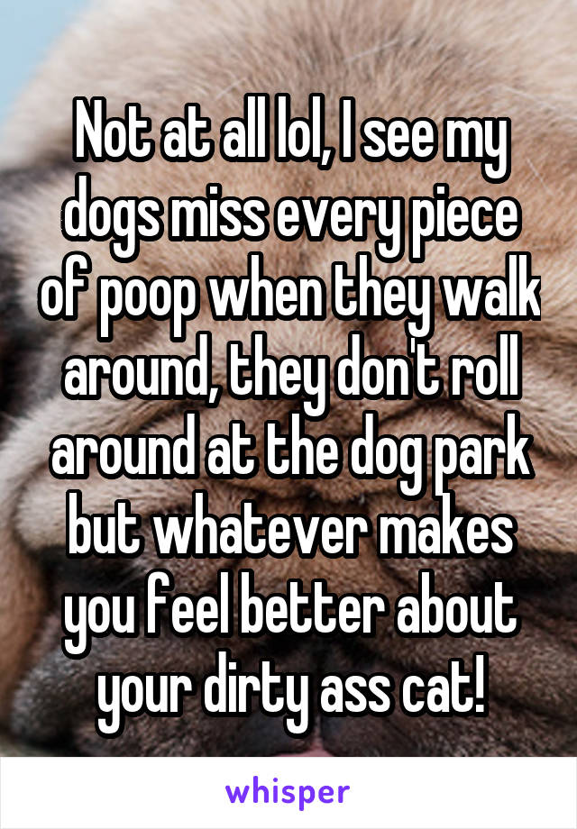 Not at all lol, I see my dogs miss every piece of poop when they walk around, they don't roll around at the dog park but whatever makes you feel better about your dirty ass cat!