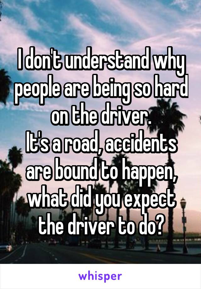 I don't understand why people are being so hard on the driver.
It's a road, accidents are bound to happen, what did you expect the driver to do?