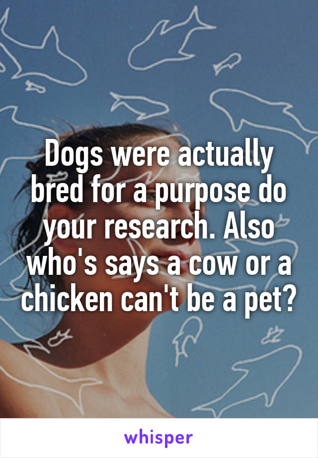 Dogs were actually bred for a purpose do your research. Also who's says a cow or a chicken can't be a pet?